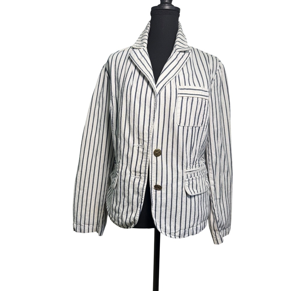 Caribbean Joe Womens White Navy Blue Striped Cotton Nautical Blazer Jacket Large